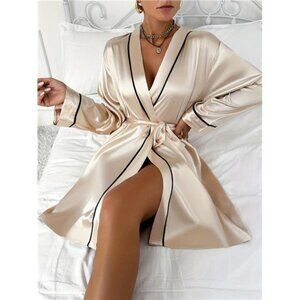 Women's Elegant Satin Robe with Contrast Piping, 100% Polyester V-Neck Belted